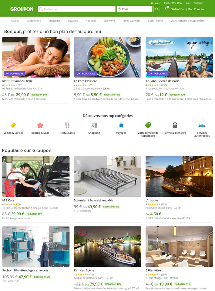 Groupon法国官方网站：特卖和网上购物高达-70%