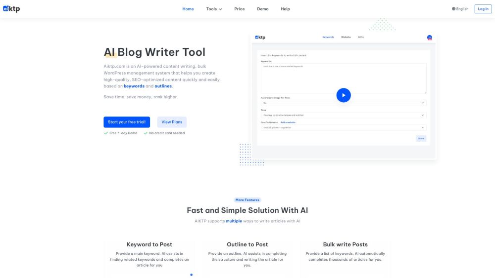 aiktp.com: AI-powered content writing and WordPress management system that generates high-quality blog posts based on keywords and outlines.