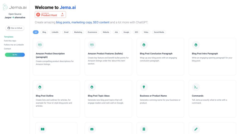 Jema.ai：Jema.ai 是一个用于内容生成的开源人工智能工具。