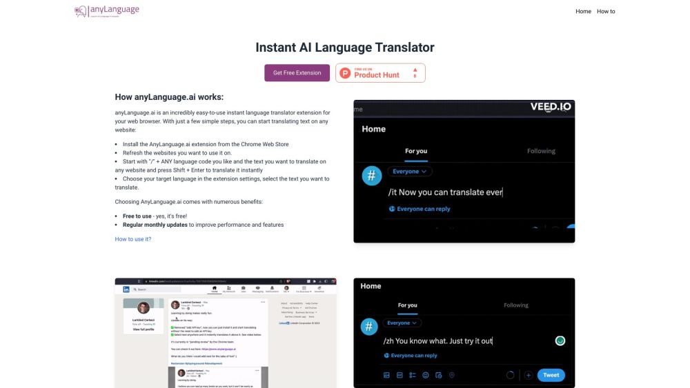 AnyLanguage.ai：AnyLanguage.ai 是一款浏览器扩展程序，可以即时翻译语言，从而增强沟通。