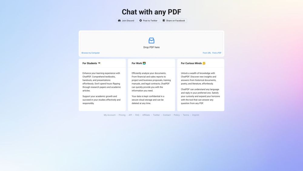 ChatPDF：人工智能驱动的服务 ChatPDF 允许用户与任何 PDF 聊天，提供即时答案和更好的理解。