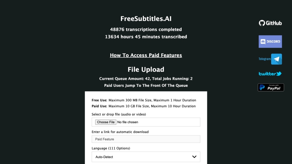 FreeSubtitles.AI：在 FreeSubtitles.AI 上免费转录和翻译音频/视频文件。