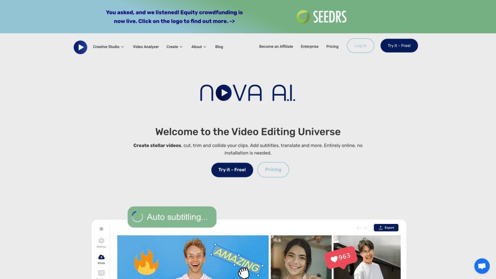 Nova A.I.：Nova A.I.是一款在线视频编辑软件，具有强大的编辑、添加效果和生成字幕工具。