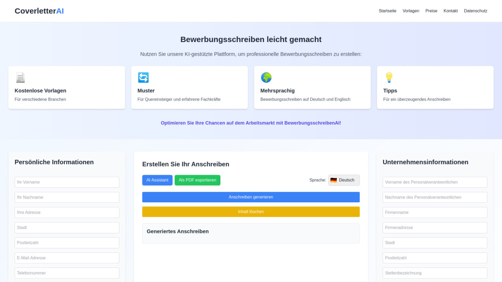 BewerbungsschreibenAI：用于生成个性化求职信的人工智能平台。