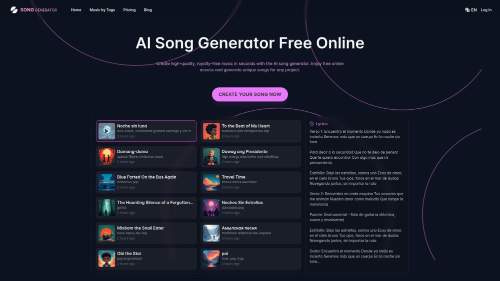 SongGenerator.io：用于快速将文本转换为独特歌曲的人工智能工具。