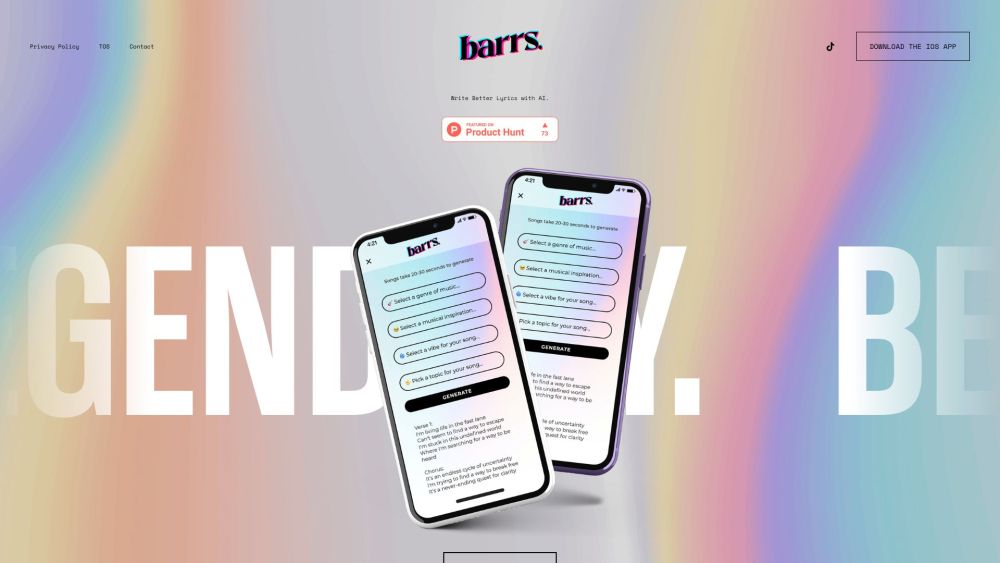 Barrs AI：Barrs 应用程序使用 AI 生成多种语言的独特歌词，从而提高歌曲创作的创意。