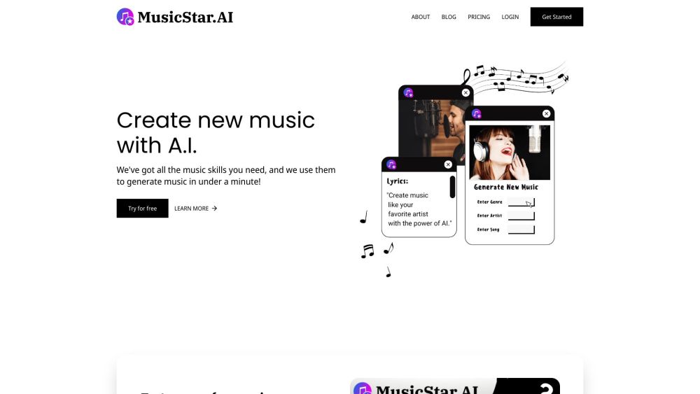 MusicStar.AI：MusicStar.AI 是一款人工智能驱动的音乐生成器，可在人工智能的帮助下在一分钟内创作出原创音乐。