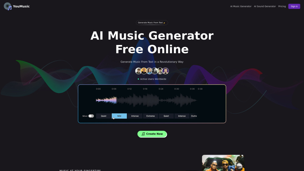 YouMusic.AI：人工智能音乐生成器，用于在线创建独特的、免版税的曲目。