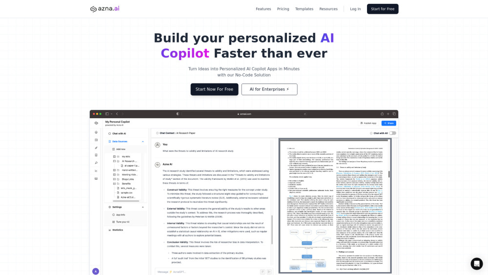 Azna AI：用于创建个性化 AI Copilot 应用程序的无代码平台。