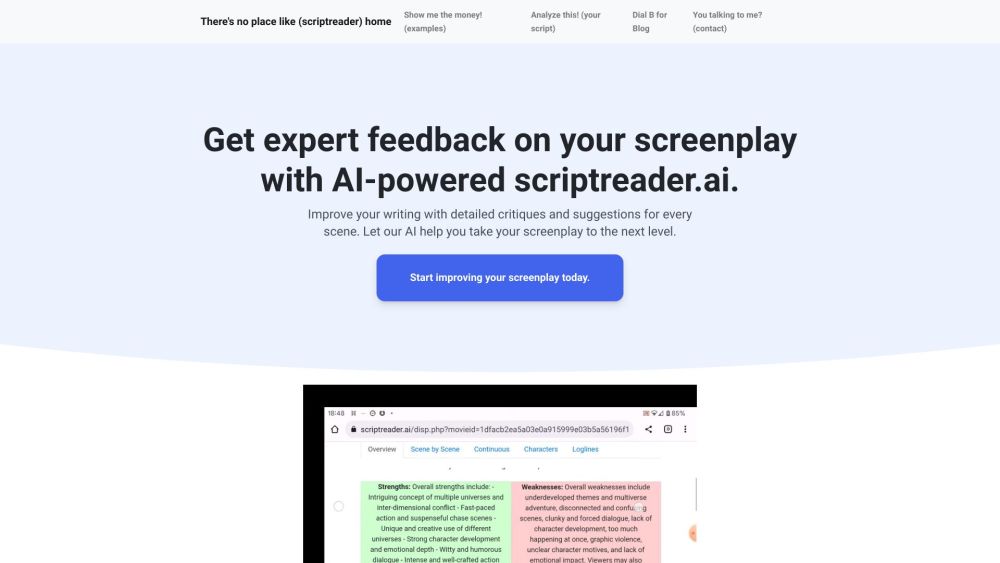 ScriptReader.ai：人工智能驱动的工具通过详细的反馈和个性化建议来改进剧本。