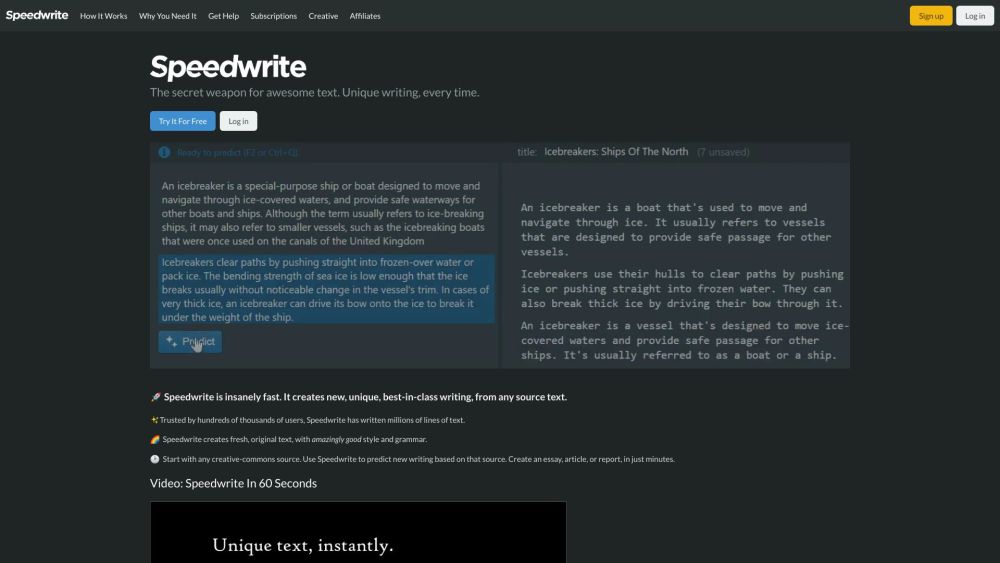 Speedwrite：Speedwrite 使用先进的人工智能技术在几分钟内生成新的、写得好的文本。