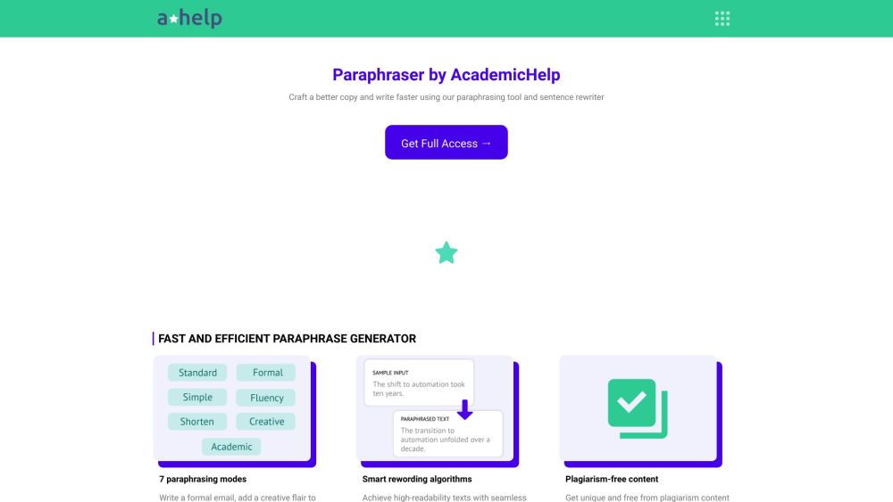 Paraphrasing Tool：Academichelp 提供的免费论文重写器：用于重写句子的免费工具。