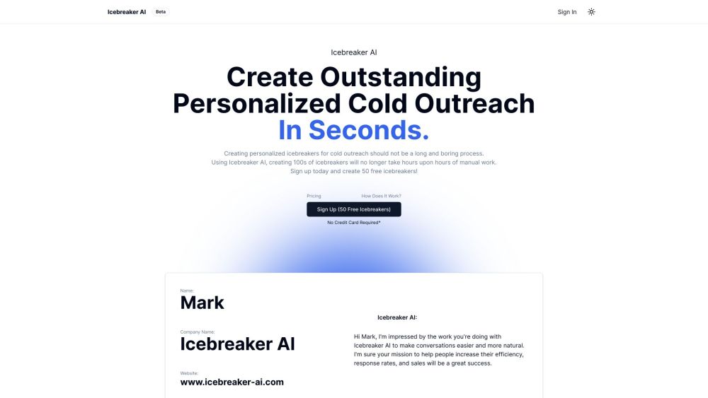 Icebreaker AI：使用 Icebreaker AI 在几分钟内生成个性化的破冰广告，提高打开率和点击率。