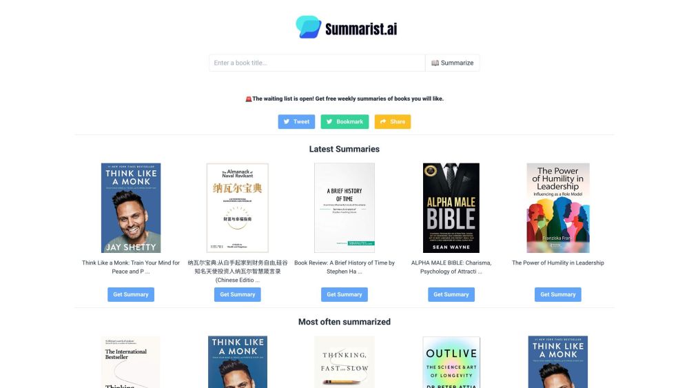 Summarist.ai：Summarist.ai 使用 AI 在 30 秒内生成书籍摘要。