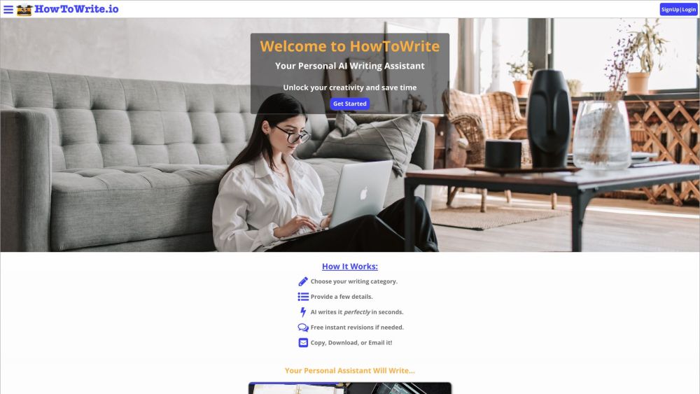 HowToWrite.io：HowToWrite.io 是一款人工智能写作助手，可以为各种目的生成个性化内容。