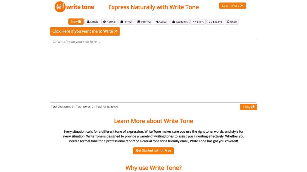 Write Tone：AI 写作助手 Write Tone 可帮助用户为有效且引人入胜的内容选择合适的语气。