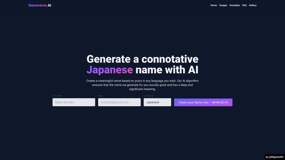 Nameverse AI：Nameverse AI 使用 AI 根据多种语言的偏好生成独特且有意义的名称。