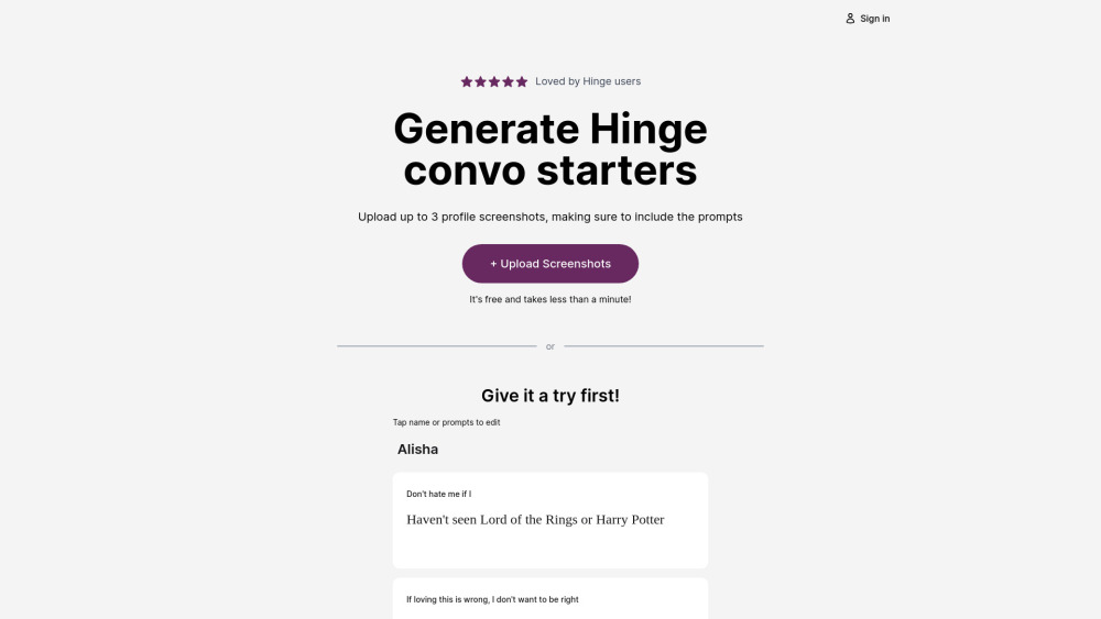 Hinge Openers AI：个性化 Hinge 对话启动器生成器