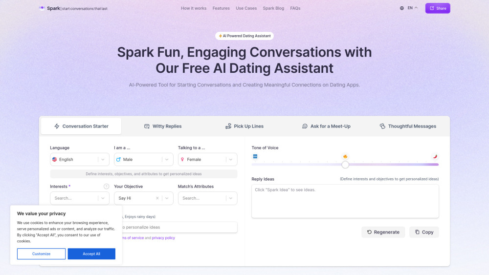 withSpark AI：withSpark.ai 是一款人工智能约会助手，可为在线约会激发有趣且引人入胜的消息。