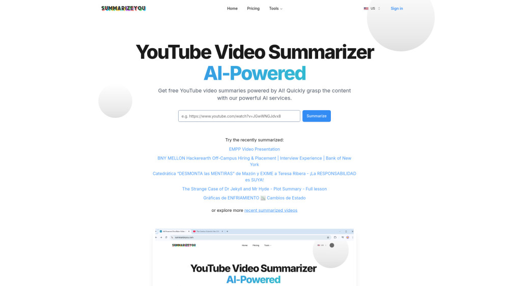 YouTube Video Summarizer AI-Powered：用于简洁 YouTube 视频摘要的 AI 工具。