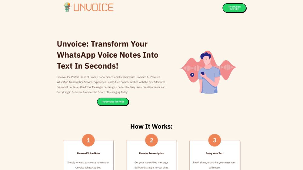 Unvoice Bot - 您的 AI WhatsApp 语音转录器：Unvoice 是一款基于 AI 的 WhatsApp 转录服务，可快速将语音笔记转换为文本。