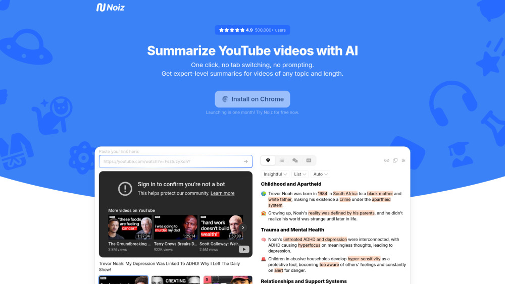 Noiz：使用 Noiz 总结 YouTube 视频、播客和教程。将几个小时的观看变成几分钟的阅读