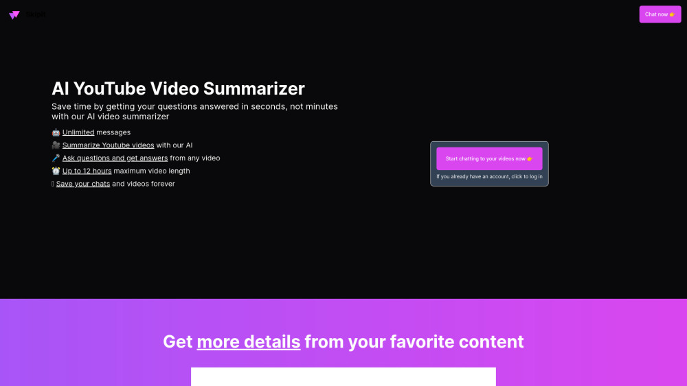 Skipit：用于总结 YouTube 视频并生成聊天机器人的 AI 平台