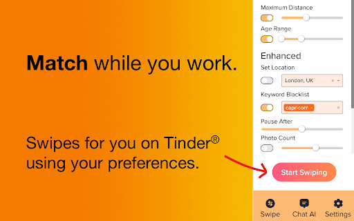 Auto Swiper for Tinder ai chrome 扩展：AI 驱动的 Tinder 自动刷卡