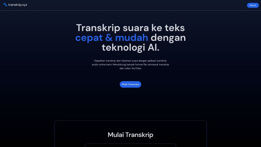 transkrip.xyz：Transkrip.xyz 是一款高性价比的在线工具，可以准确快速地将音频和视频转换为文本。