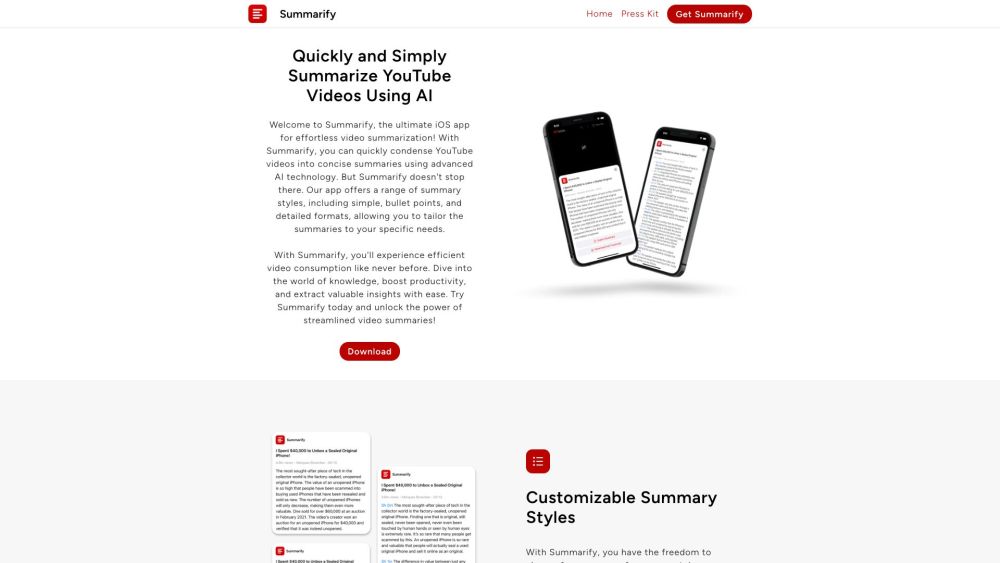 Summarify AI For YouTube 由 ChatGPT 提供支持：Summarify 是一款 iOS 应用程序，它使用 AI 来总结 YouTube 视频以实现高效消费。