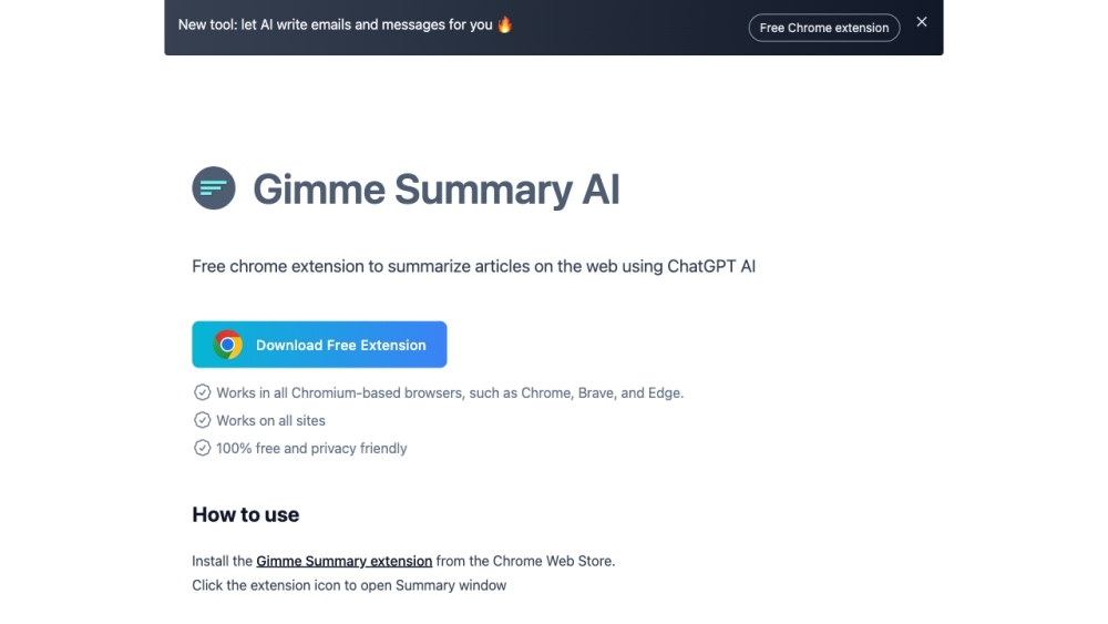 Gimme Summary AI：“免费 Chrome 扩展使用人工智能驱动的神经网络模型总结网络文章。”