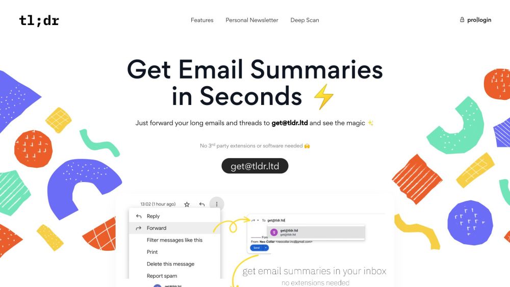 get@tldr.ltd：通过发送至 [email protected] 轻松汇总电子邮件，无需扩展程序或软件。