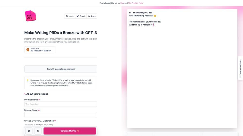 WriteMyPRD：使用 ChatGPT 的 Web 应用程序可以轻松简化详细 PRD 的创建。