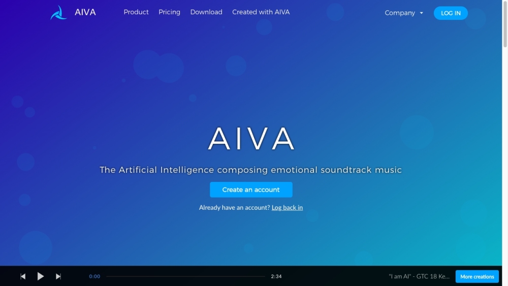 AIVA - AI 创作情感配乐：AIVA 是一款个性化音乐的 AI 作曲家。