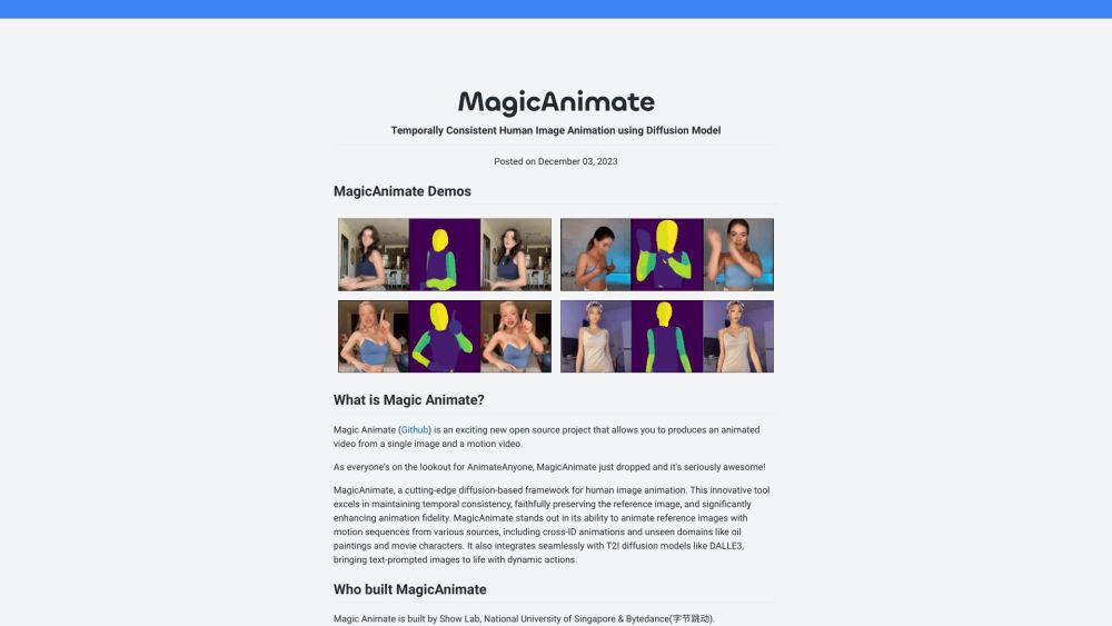 MagicAnimate：从图像和动态视频创建动画视频。