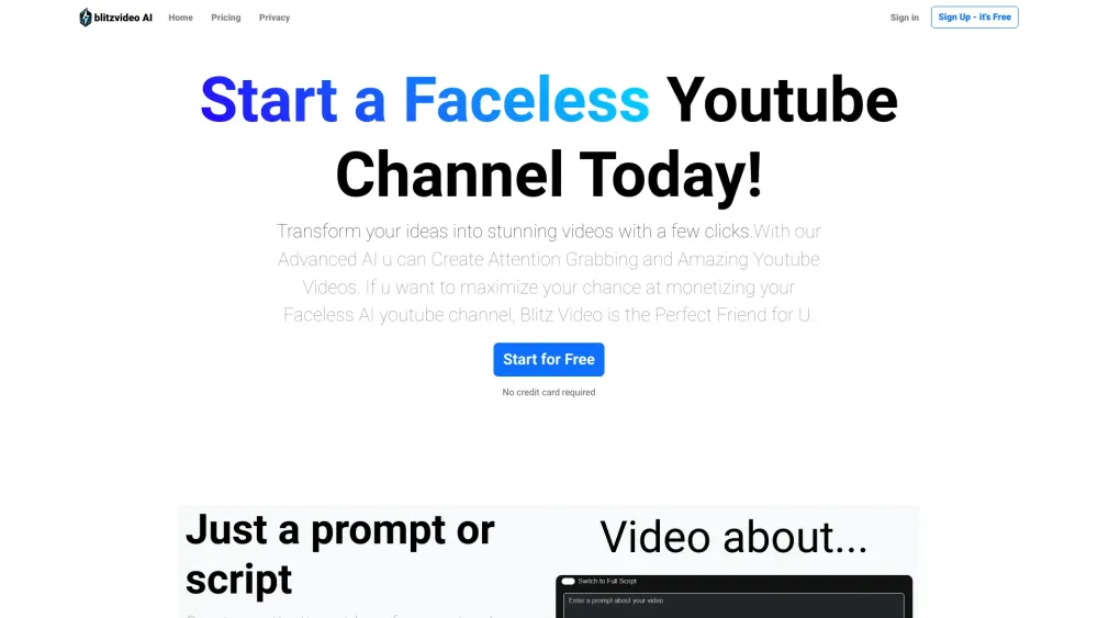 Blitz Video AI：适用于 Faceless YouTube 频道的一体化 AI 平台。