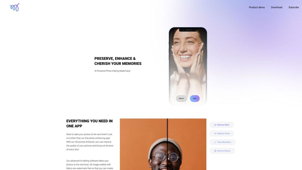 Mems - AI 照片增强器：Mems 是一款人工智能驱动的应用程序，用于在不改变自然外观的情况下修饰照片。