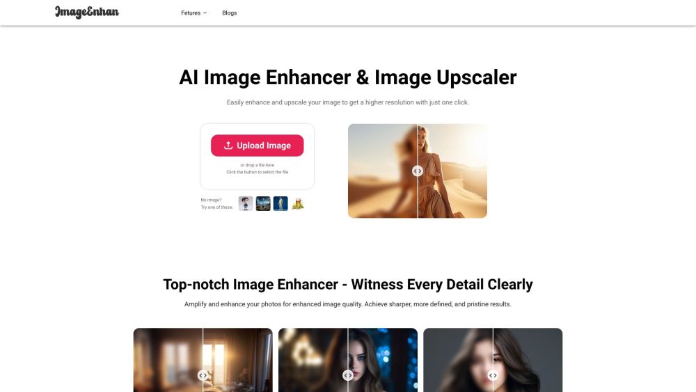 AI ImageEnhancer：AIImageEnhancer是一款利用AI提高图像分辨率和清晰度的在线工具。