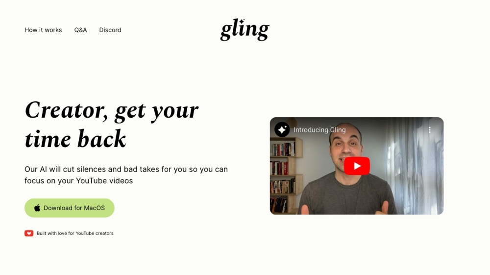 Gling AI：Gling AI 是一款人工智能驱动的视频编辑工具，可以为 YouTube 用户实现编辑过程的自动化。