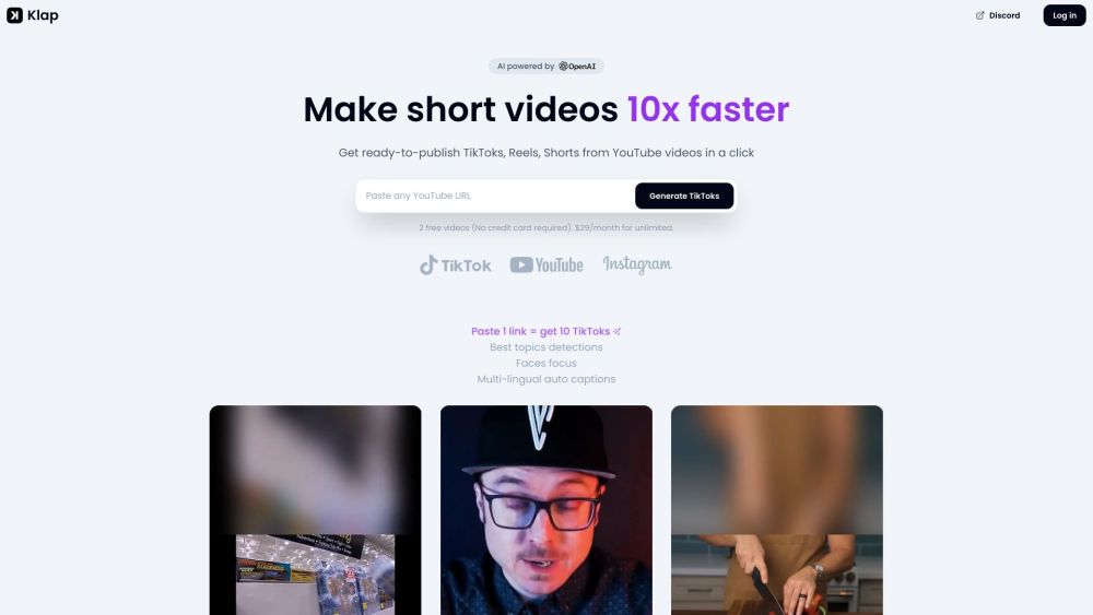 Klap：使用 AI 驱动的工具 Klap，一键从 YouTube 视频生成 TikTok、Short 和 Reels。