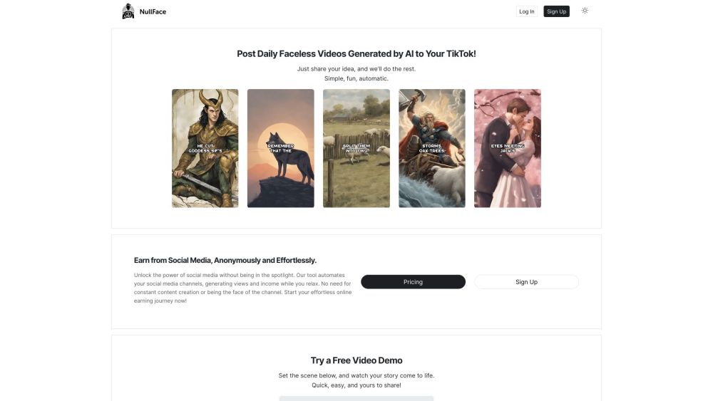 Nullface.ai：人工智能驱动的平台，每天为 TikTok 生成不露面视频。简单又有趣。