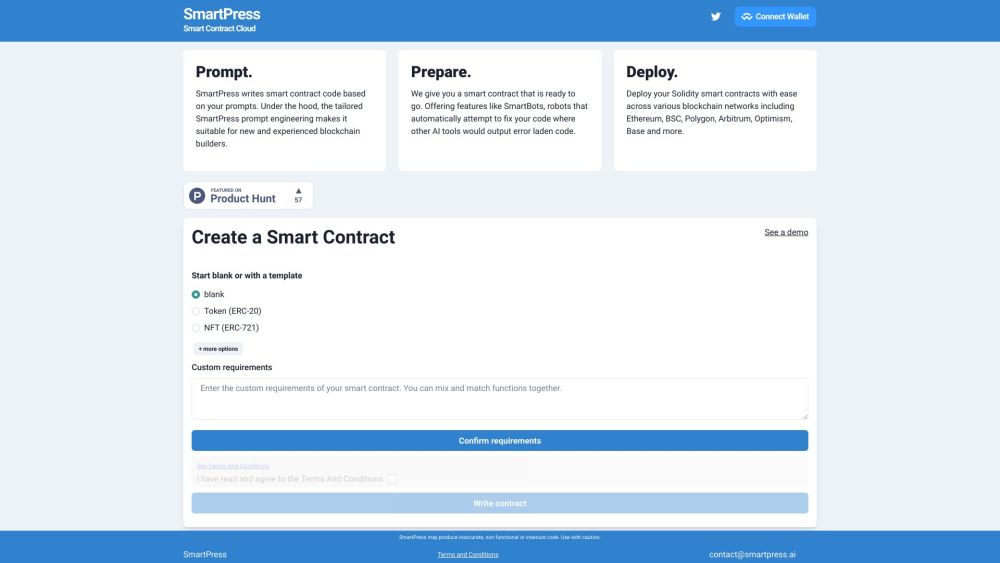 SmartPress - AI：SmartPress - AI 结合了 AI 和 Solidity，提供智能合约服务。