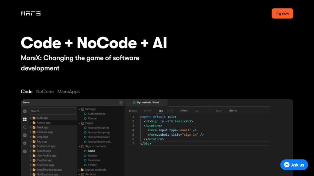 MarsX：MarsX 结合了 AI、NoCode、Code 和 MicroApps，可以高效地创建应用程序。