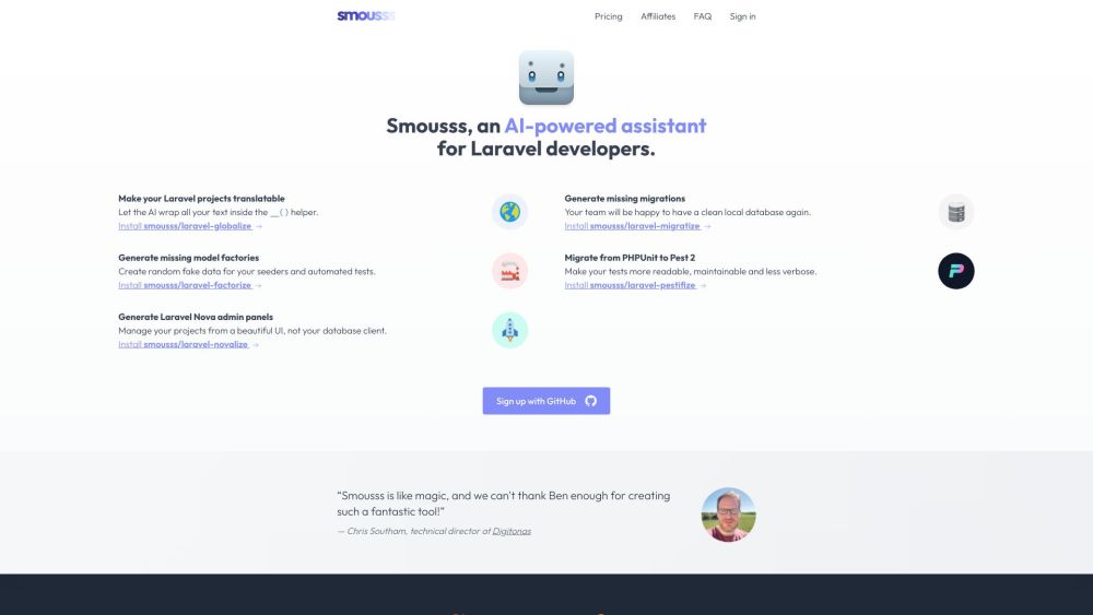 Smousss：Smousss 是 Laravel 开发人员的人工智能助手，使用机器学习来自动化任务并提高生产力。