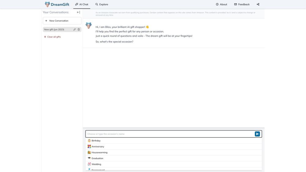 DreamGift：DreamGift是一个AI礼品购物平台，在Bliss的帮助下帮助用户找到个性化礼物。