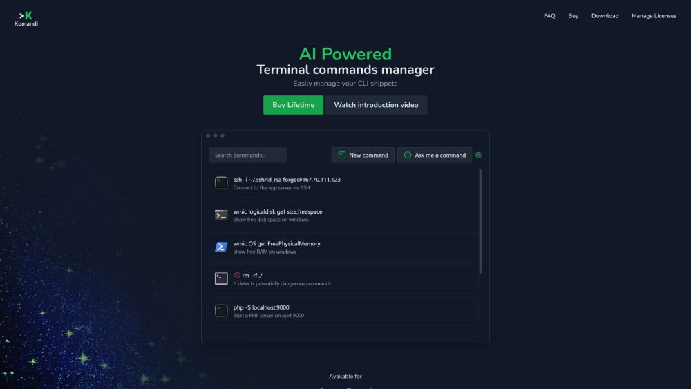 Komandi - AI 支持的 CLI/终端命令管理器：Komandi 简化了开发人员和系统管理员的命令管理和生成。