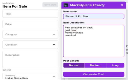 Marketplace Buddy ai chrome 扩展：自动化 Facebook Marketplace 列表。